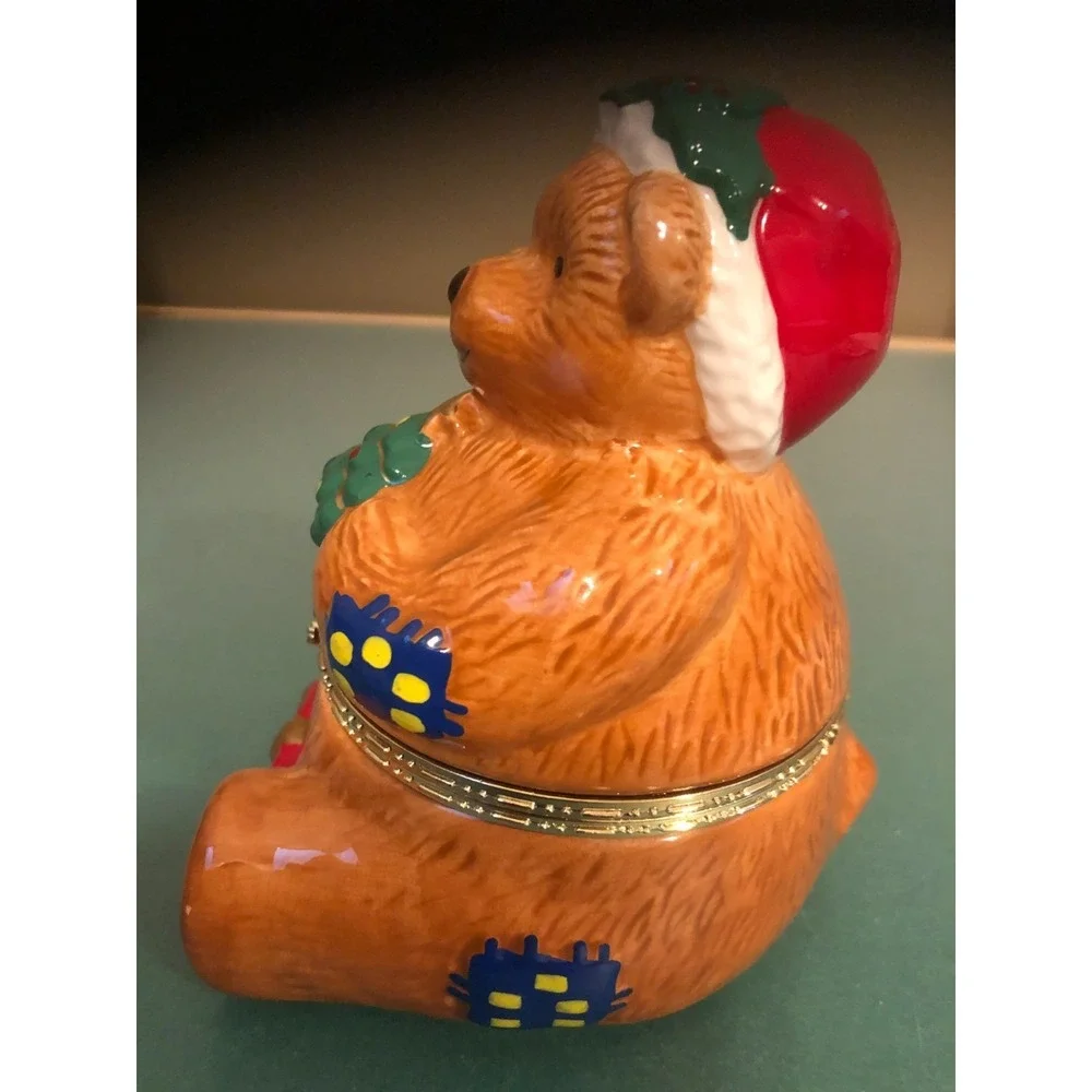 Mr. Christmas Porcelain Teddy Bear Hinged Music Box Animated Plays Jingle Bells